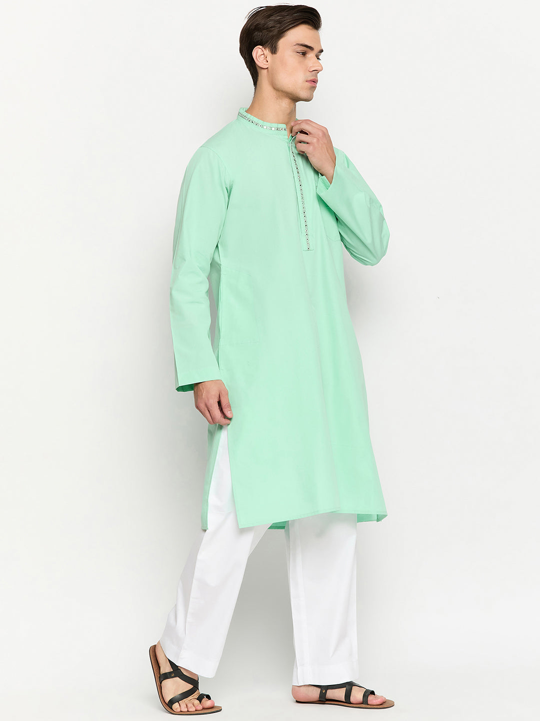 Green Solid Embroidered Kurta For Men