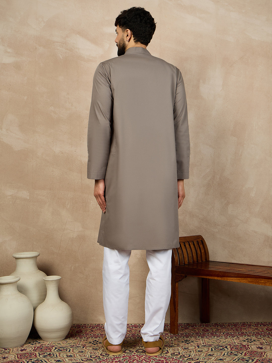Grey Solid Kurta and White Pajama For Men