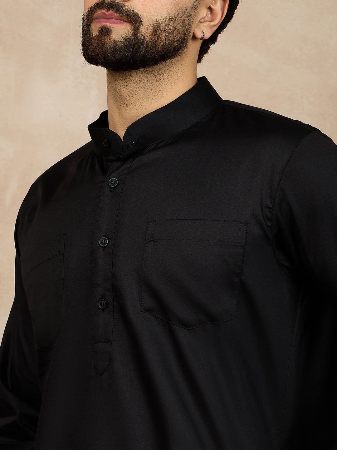 Men’s Black Solid Cotton Pathani Kurta Pajama Set
