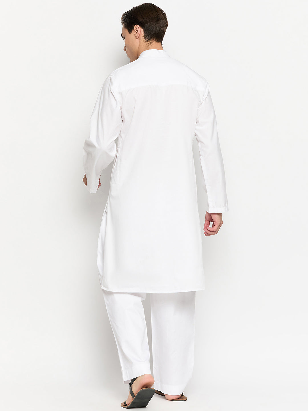 White embroidered solid kurta pajama set for men