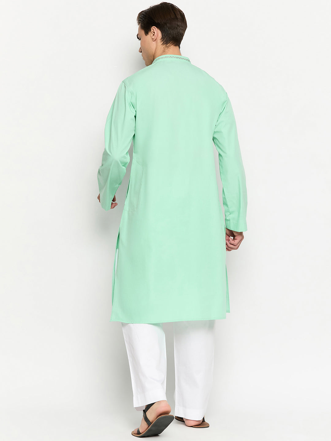 Green Solid Embroidered Kurta For Men