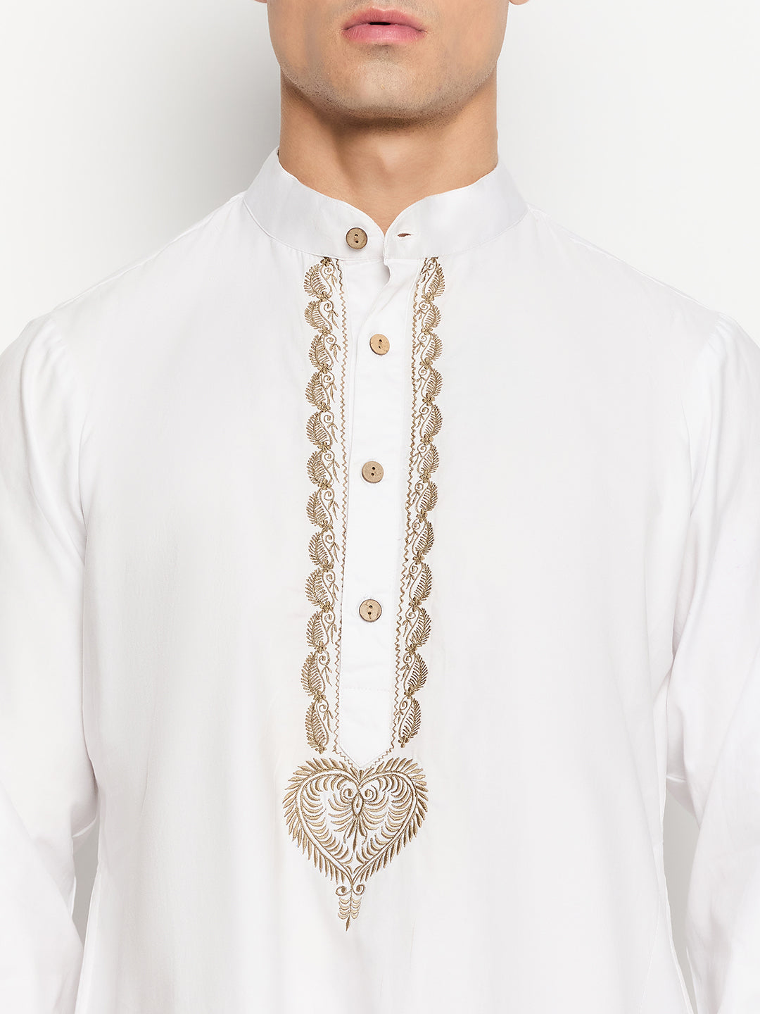 White embroidered solid kurta pajama set for men