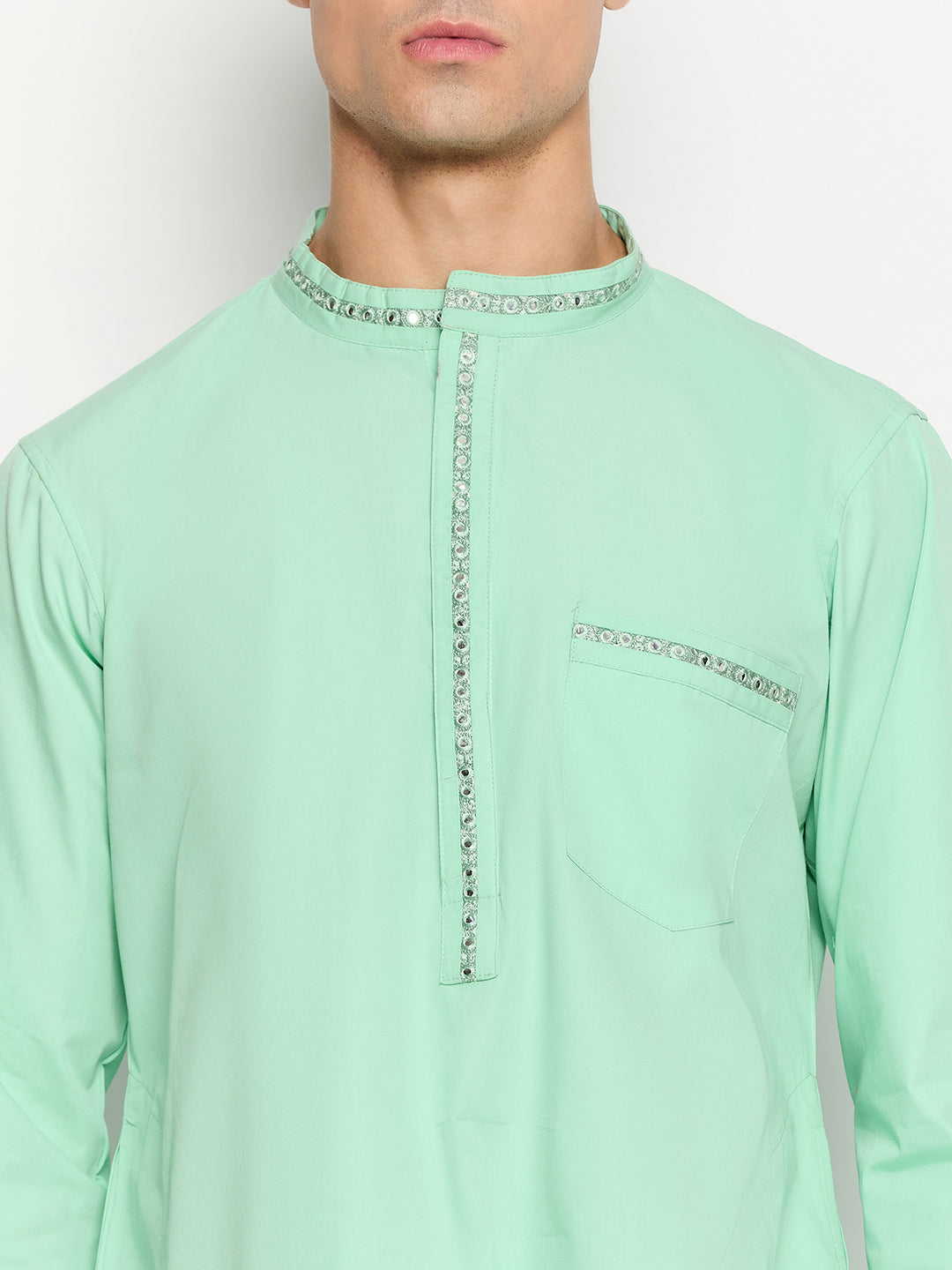 Green Solid Embroidered Kurta For Men