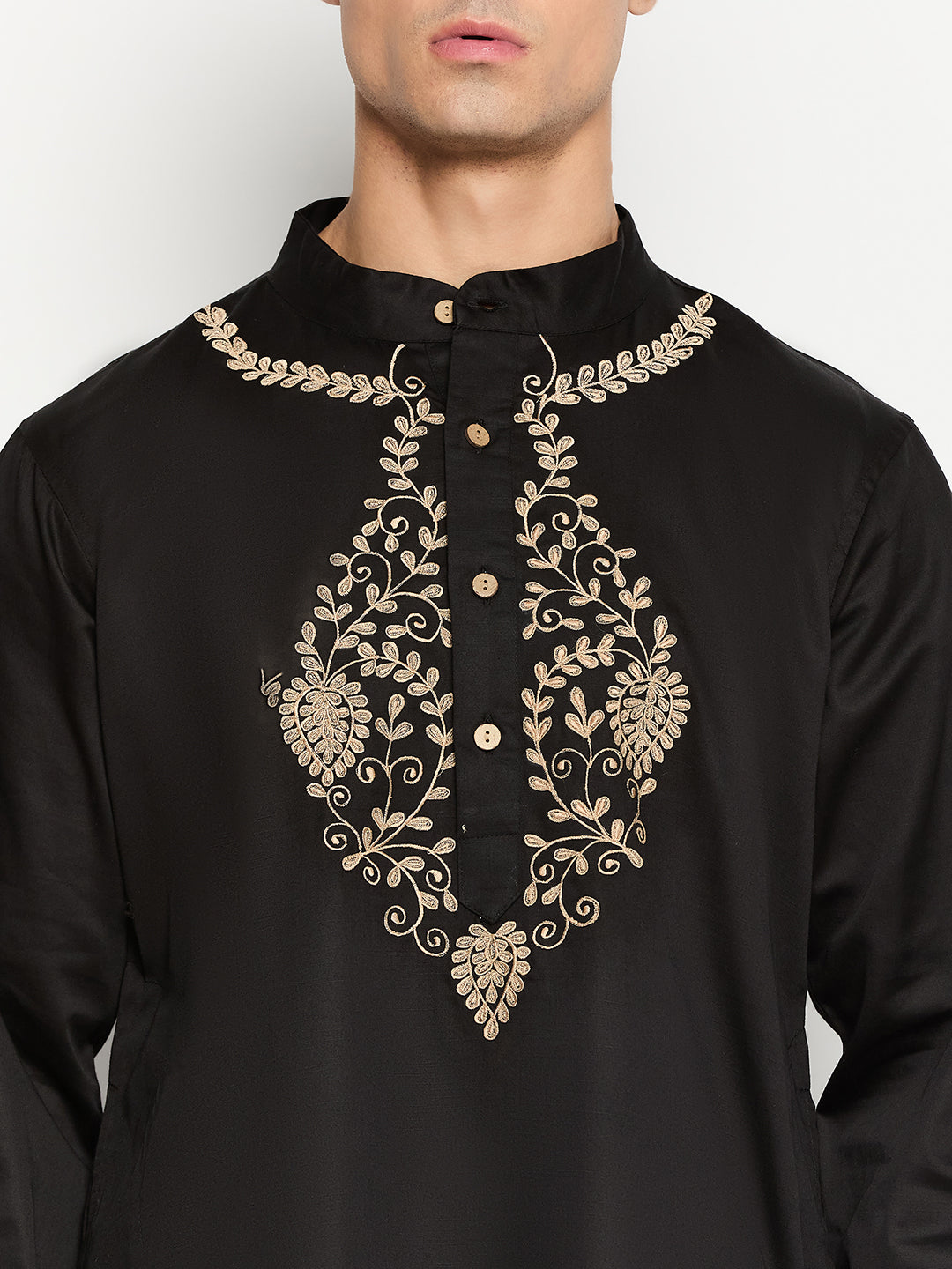 Embroidered Black Kurta with White Pajama