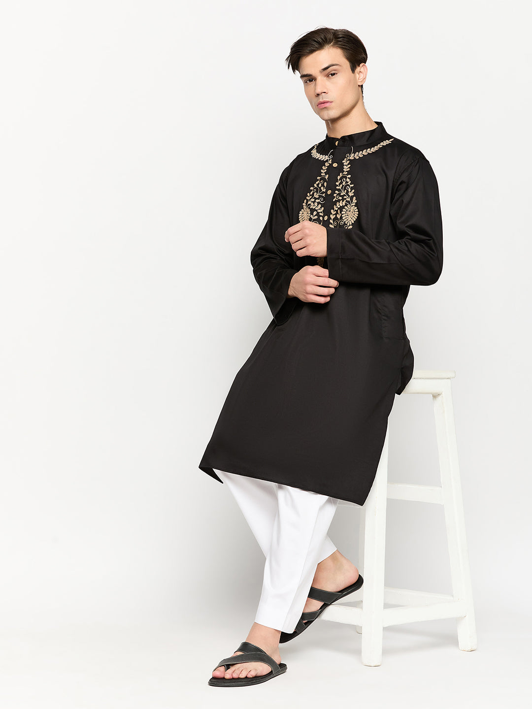 Embroidered Black Kurta with White Pajama