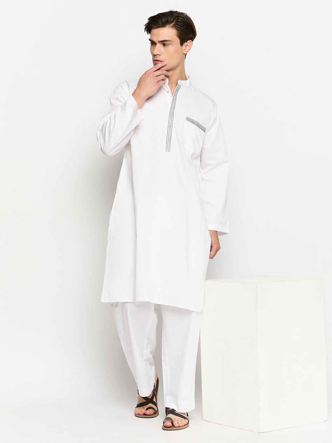 Men's Cotton White Solid Kurta Pajama Set