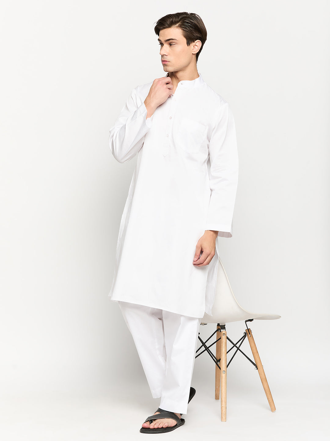 Men's White Solid Kurta Pajama Set