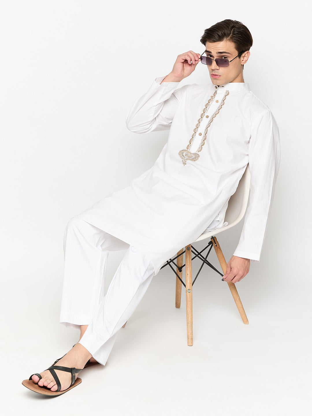 White embroidered solid kurta pajama set for men