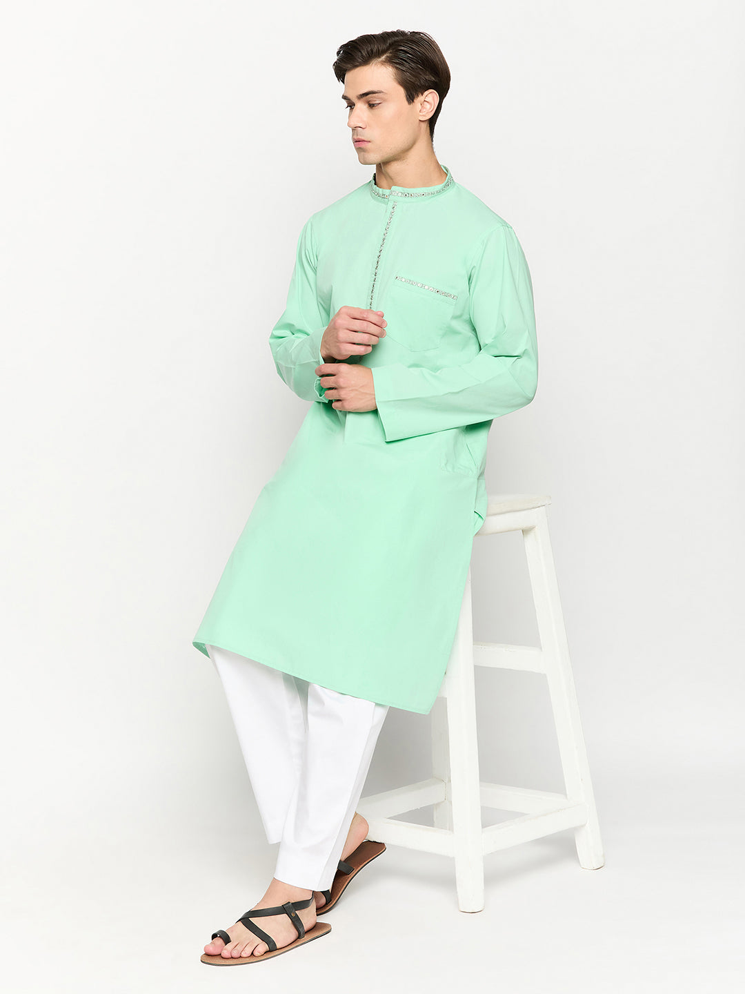 Green Solid Embroidered Kurta For Men