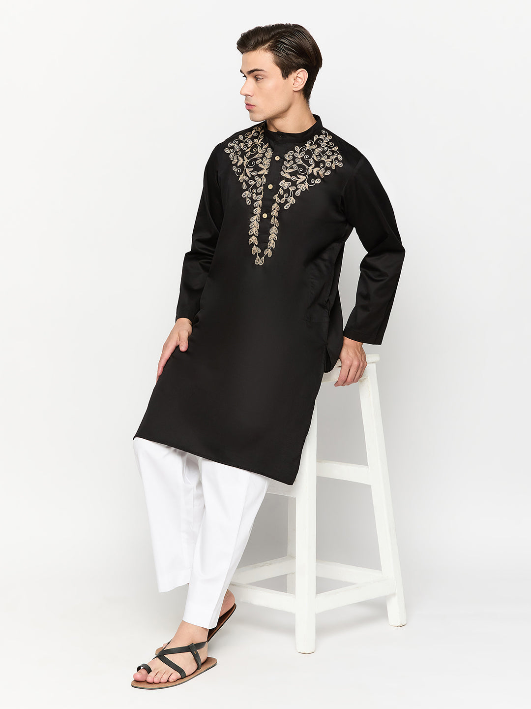 Men's Embroidered Black Kurta with White Pajama