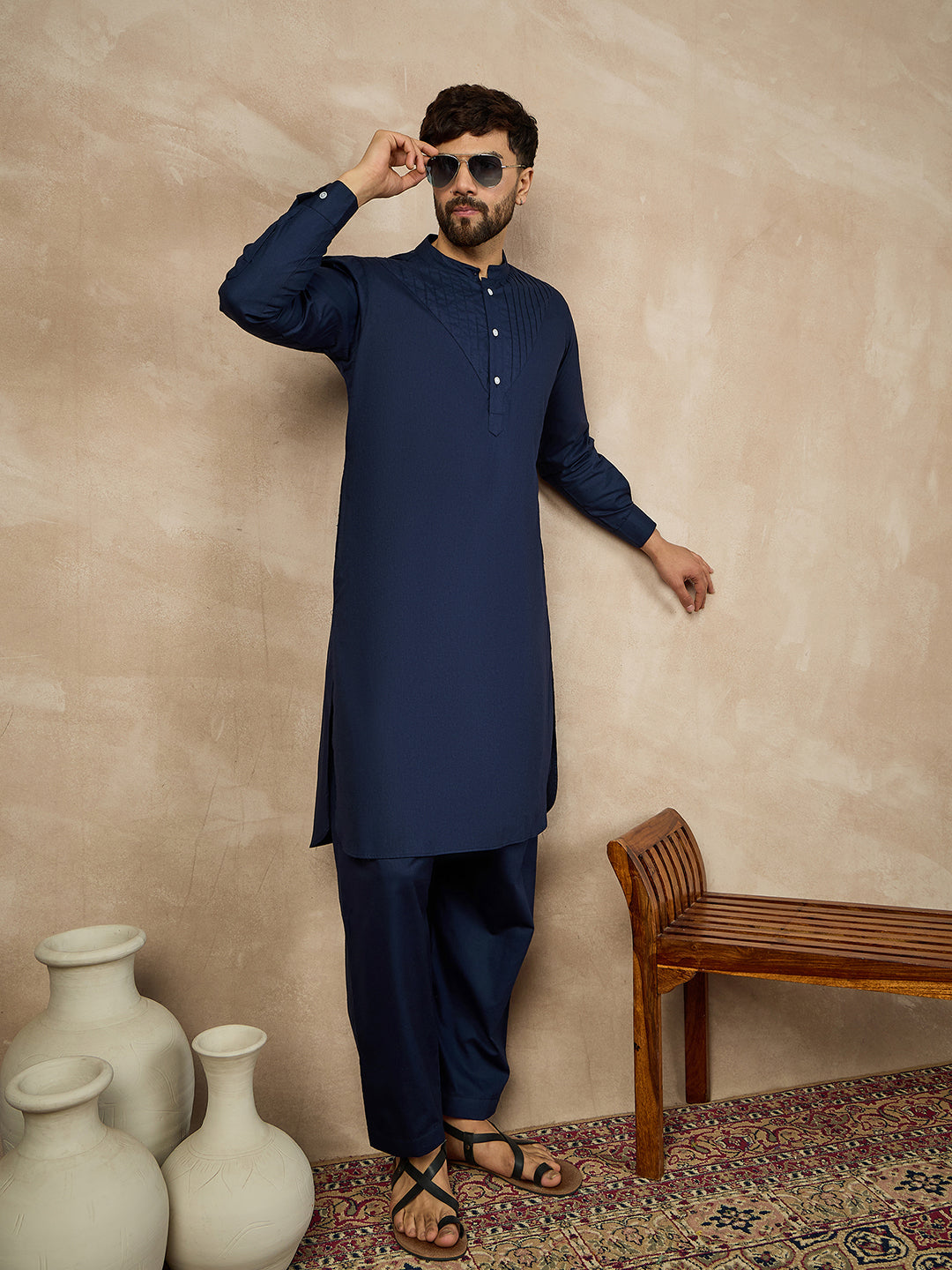 Men’s Blue Solid Cotton Pathani Kurta Pajama Set