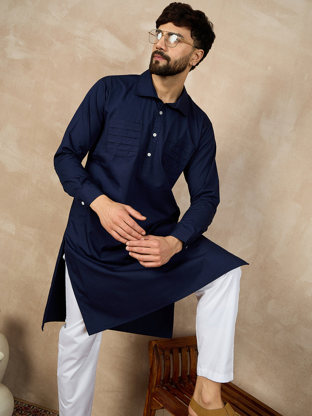 Blue Cotton Kurta with White Pajama for Men