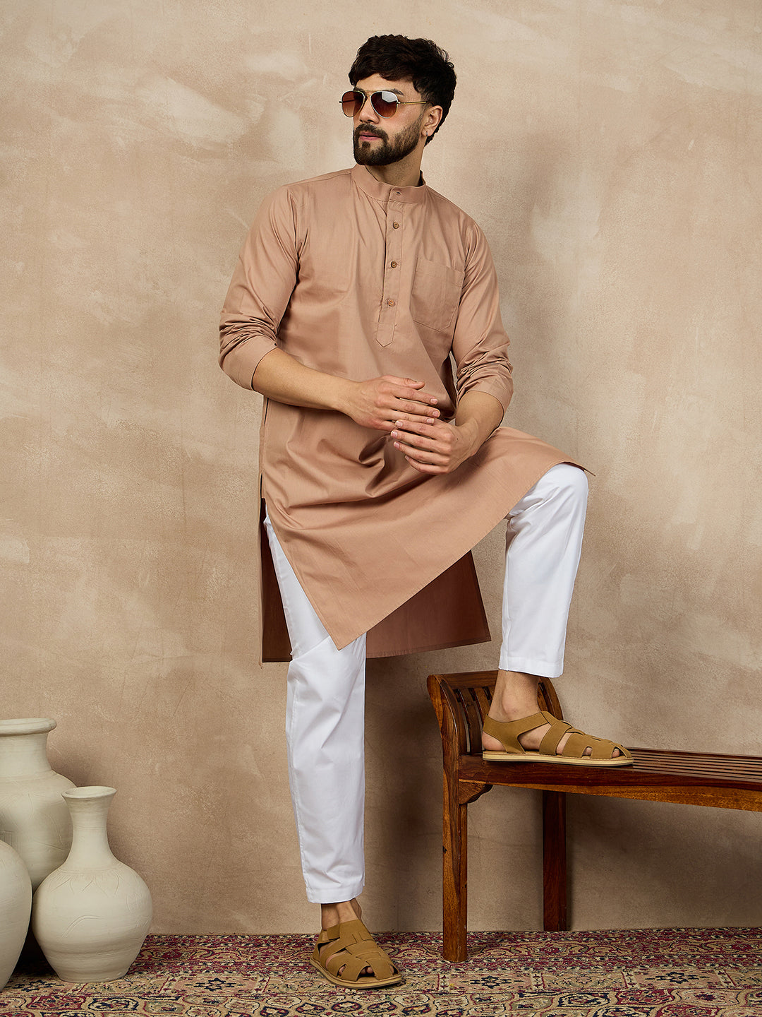 Fabsleek solid beige plain kurta for men