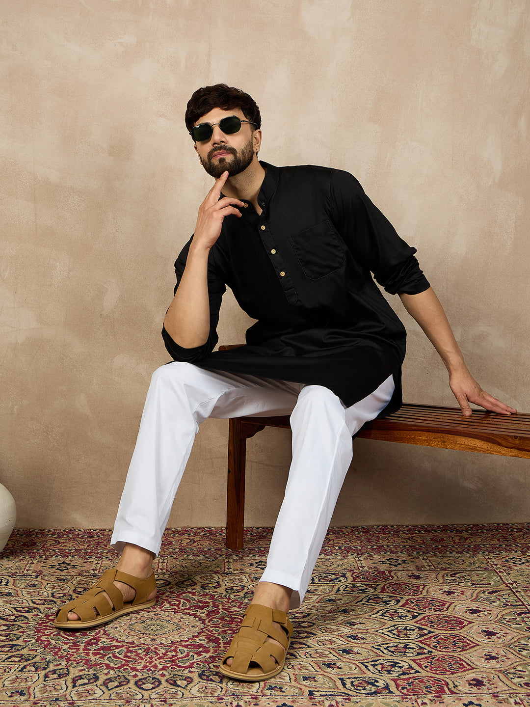 Black Kurta and White Pajama Set for Men