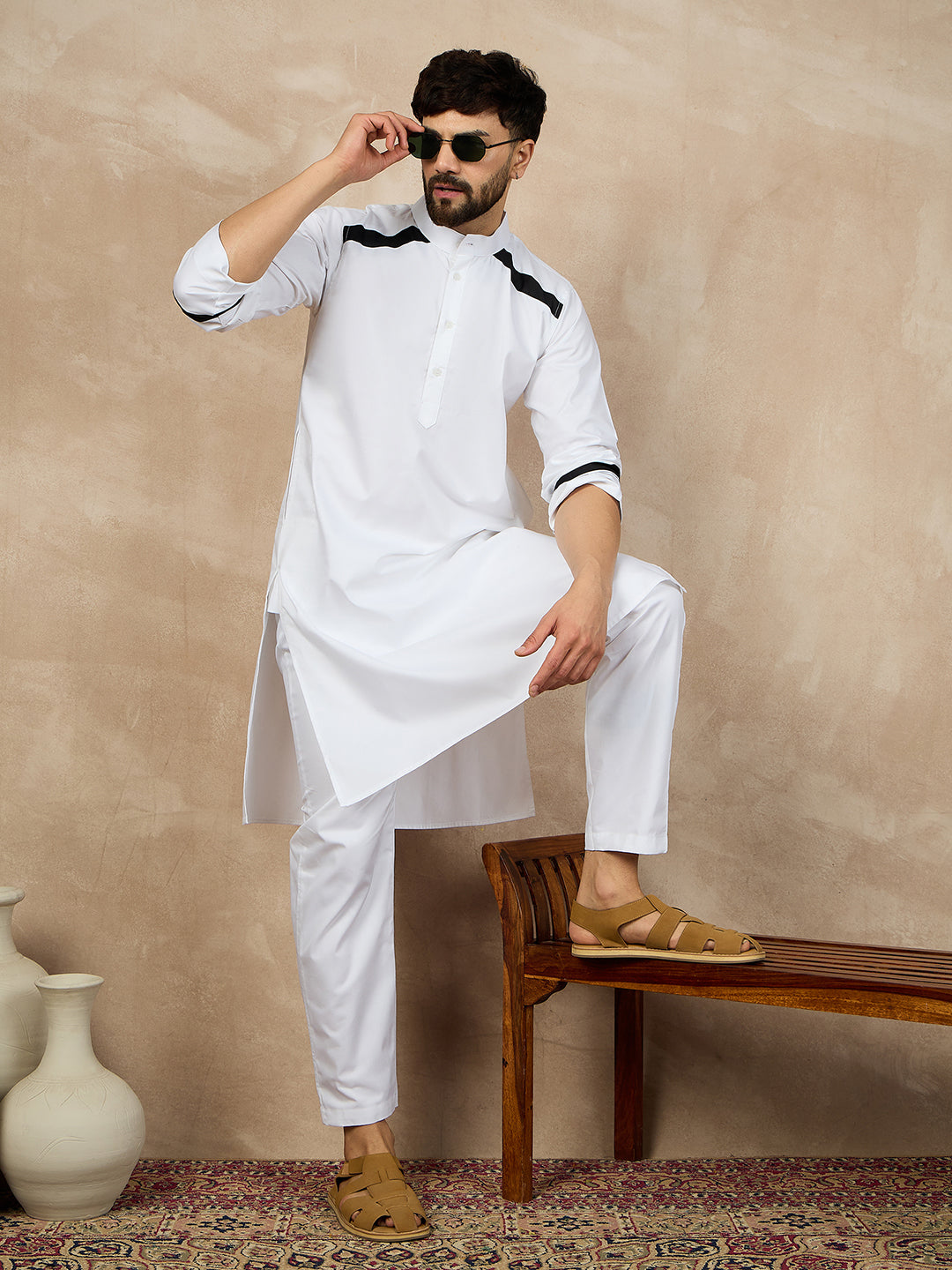 White Cotton Kurta Pajama Set For Men