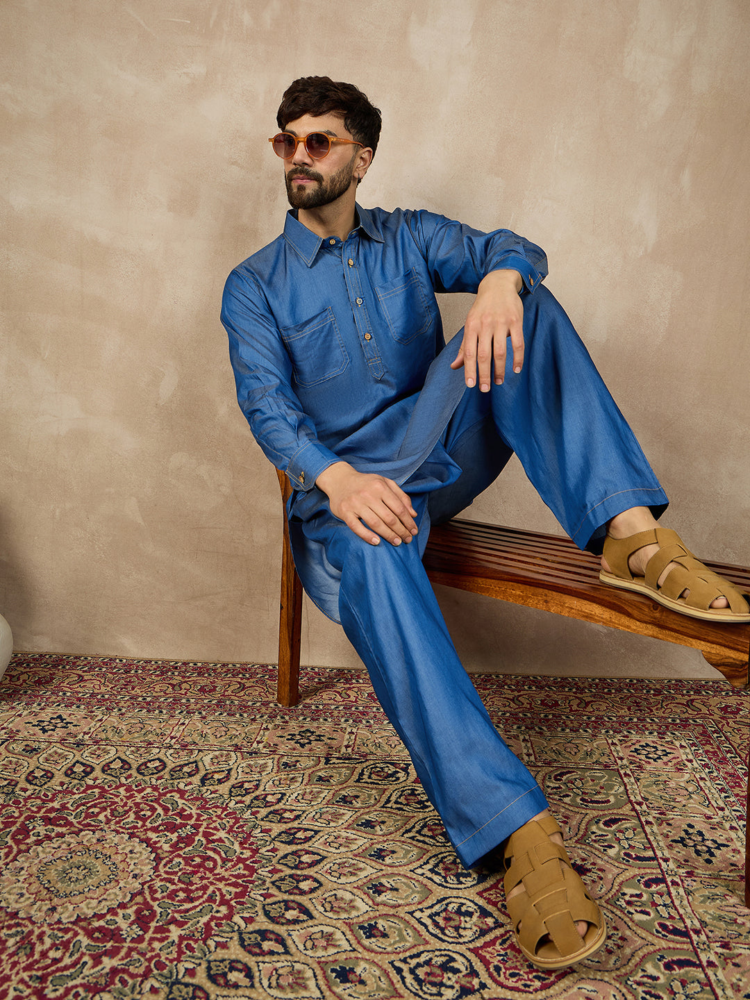 Men’s Blue Solid Denim Pathani Kurta Pajama Set
