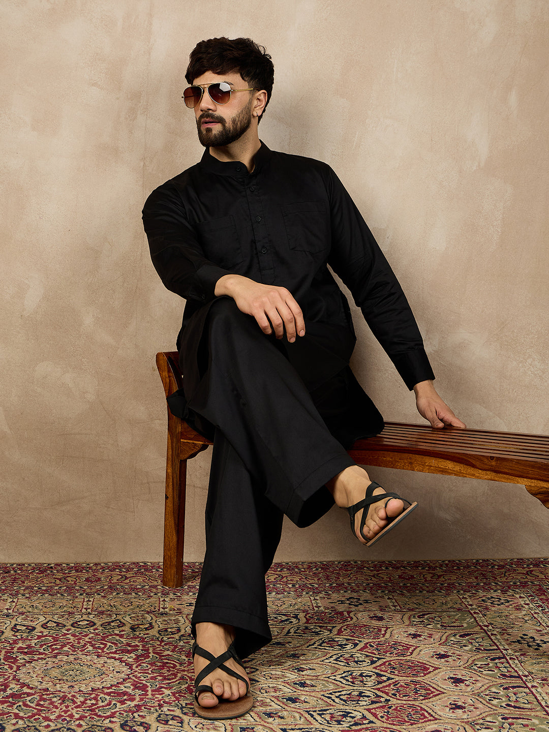 Men’s Black Solid Cotton Pathani Kurta Pajama Set